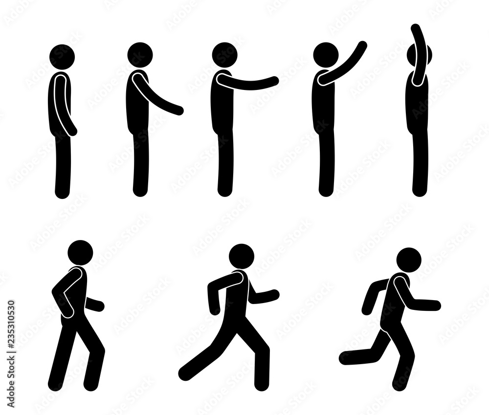 Stick Man Gestures And Movement Set. Simple Poses And Active Actions  Abstract People Running And Slow Walking Pose Of Amazement Despair With  Hands Near Head Raised Hand Greeting. Vector Silhouette. Royalty Free