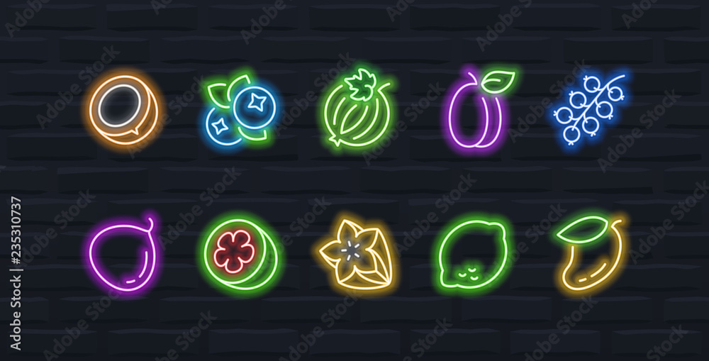 Vector fruits and berries icon set in outline neon style #3 Stock ...