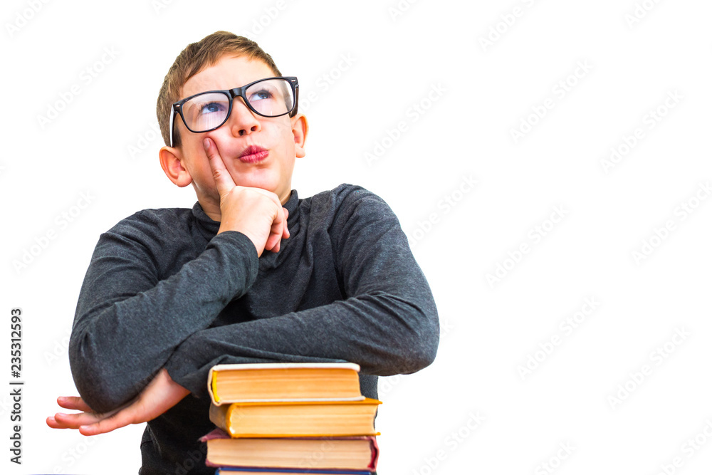 boy with glasses with books on white isolated background boy with glasses with books on white isolated background