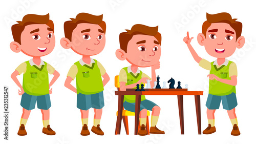 Boy Kindergarten Kid Poses Set Vector. Playful Positive Small Baby. For Presentation, Print, Invitation Design. Isolated Cartoon Illustration