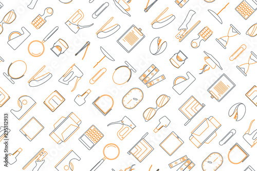 Clip art of office elements arrange on seamless background.