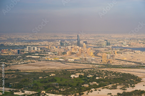 View from the observation deck of the Burj Khalifa over the city of Dubai in the United Arab Emirates