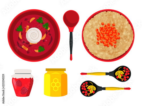 Food Dishes of Russian Cuisine Vector Illustration