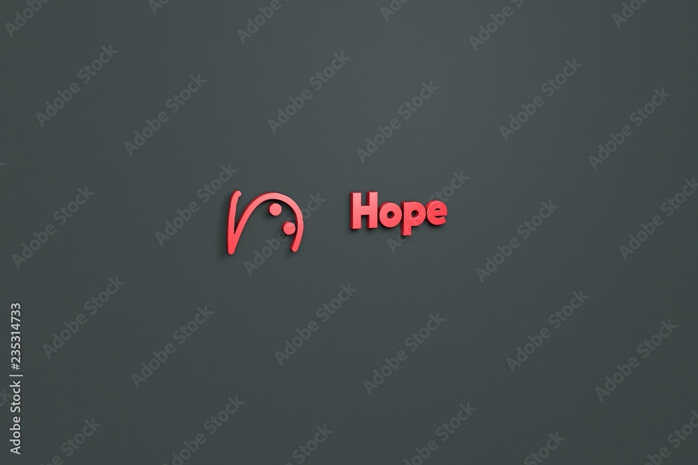 Text Hope with red 3D illustration and grey background Text Hope with red 3D illustration and grey background