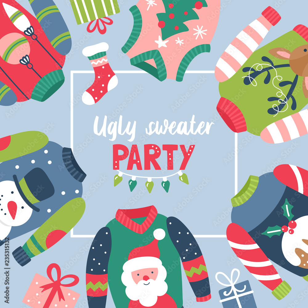 Christmas holiday cute ugly sweater party invitation design.  Stock-Vektorgrafik | Adobe Stock