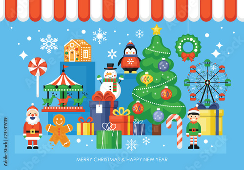 Christmas toy shop concept with Christmas tree, toys, and gift boxes.
