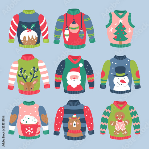 Christmas holiday cute ugly sweater elements set.
