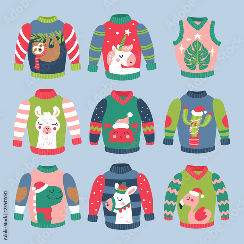 Christmas holiday cute ugly sweater elements set