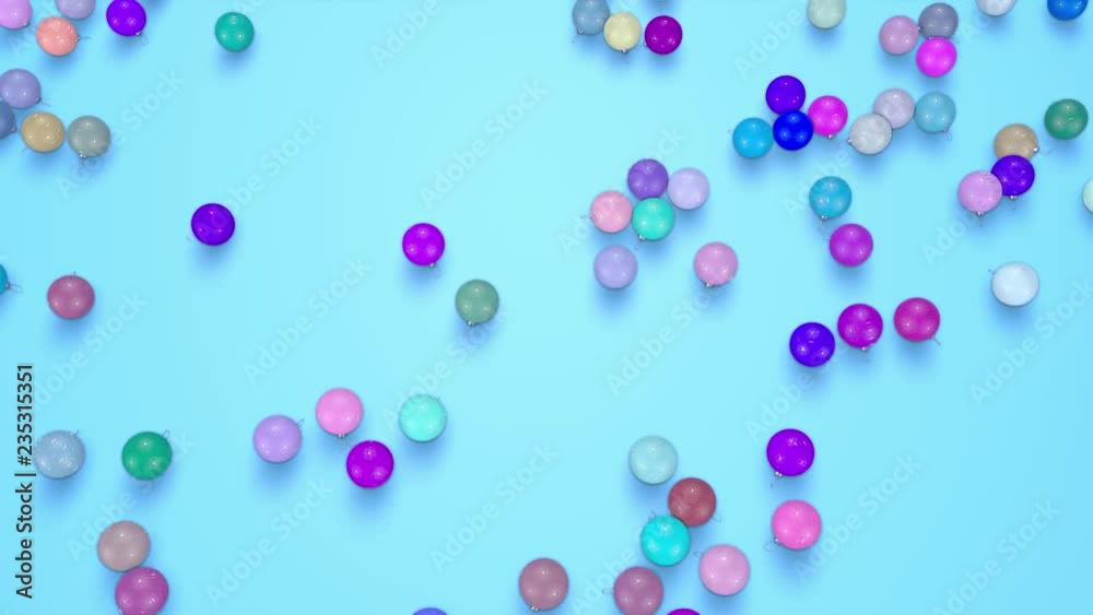 christmas balls fall crumble to the surface. view from top. 3d animation for new year compositions or background. 14 multicolor christmas balls fall crumble to the surface. view from top. 3d animation for new year compositions or background. 14 multicolor