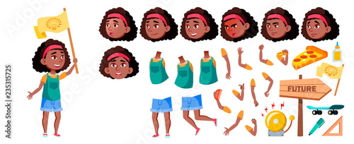 Black Afro American Girl Vector. Animation Creation Set. Face Emotions, Gestures. Child, Pupil. For Advertising, Placard, Print Design. Animated. Isolated Illustration