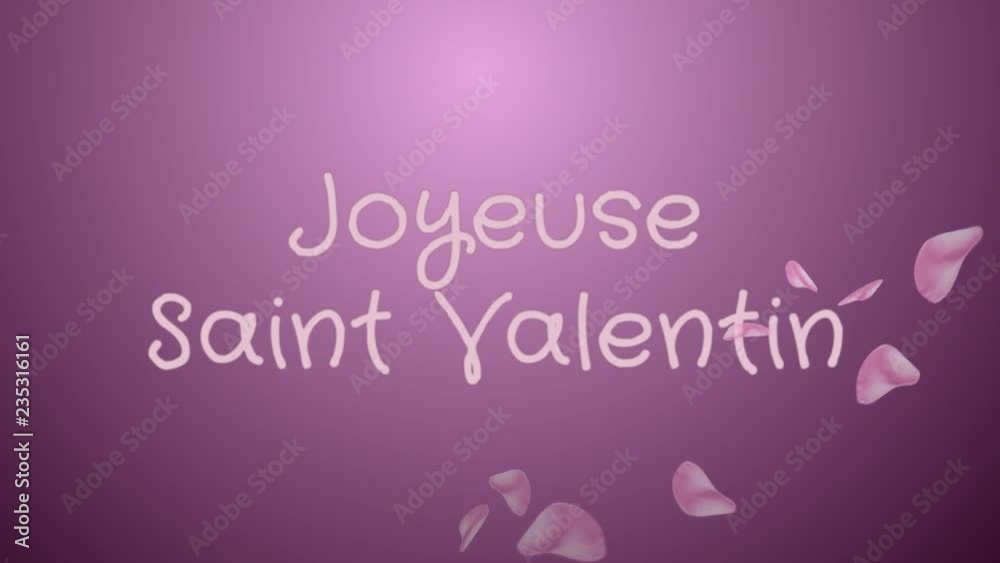 Animation Joyeuse Saint Valentin, Happy Valentine's day in french language, greeting card, pink petals, lilac background