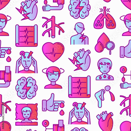 Heart attack symptoms seamless pattern with thin line icons: dizziness, dyspnea, cardiogram, panic attack, weakness, acute pain, cholesterol level, nausea, diabetes. Modern vector illustration.
