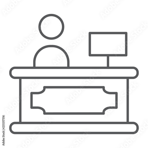 Reception thin line icon, hotel and call, reception desk sign, vector graphics, a linear pattern on a white background.