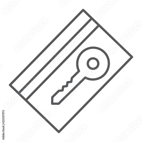 Key card thin line icon, hotel and access, electronic pass sign, vector graphics, a linear pattern on a white background.
