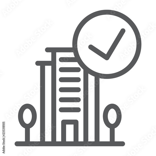 Verified line icon, hotel and review, hotel with tick sign, vector graphics, a linear pattern on a white background.
