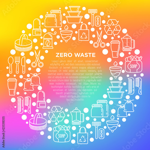 Zero waste concept in circle with thin line icons: menstrual cup, safety razor, glass jar, natural deodorant, hand coffee grinder, french press, wooden comb. Vector illustration, print media template.