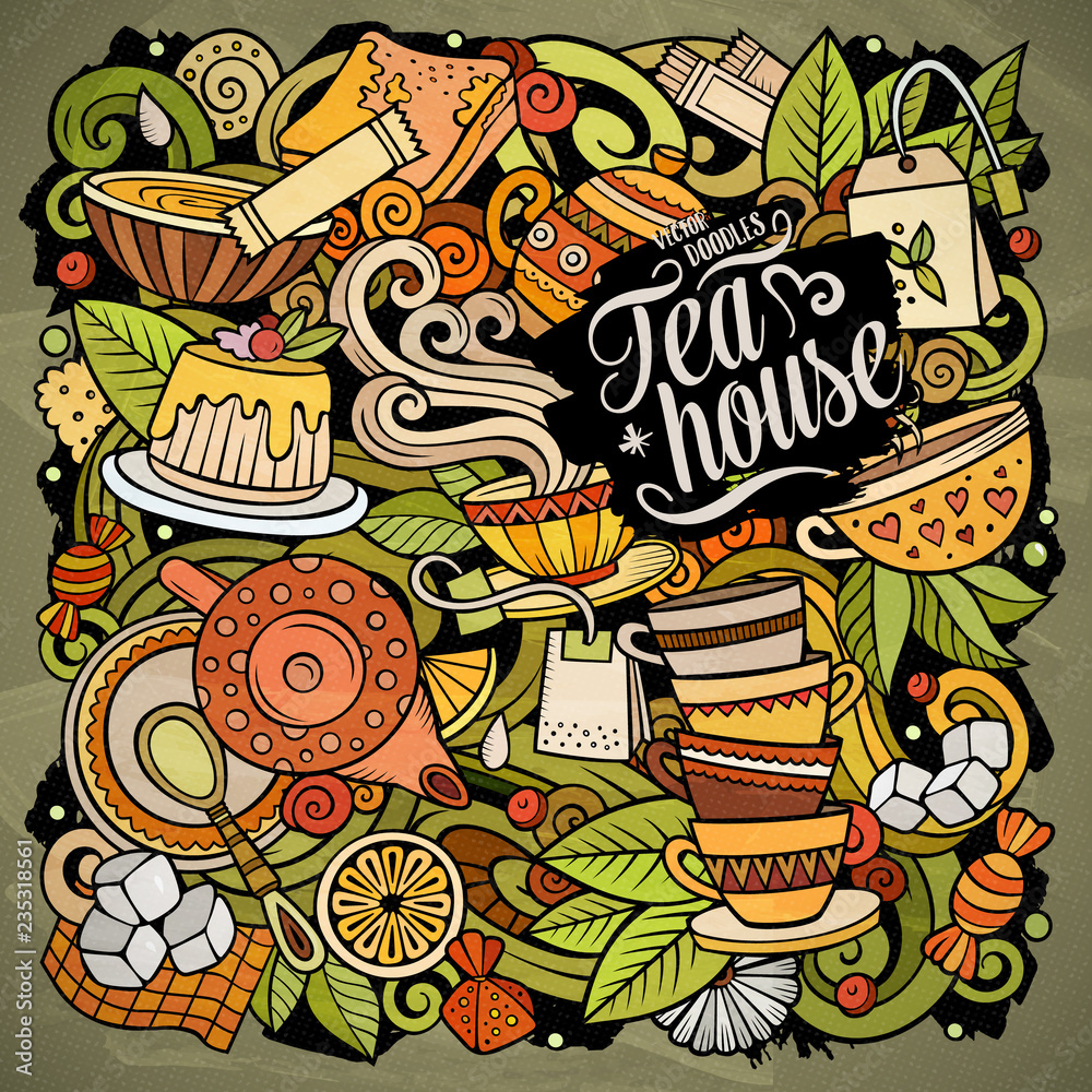 Fototapeta premium Cartoon vector doodles Tea illustration. Cafe funny picture