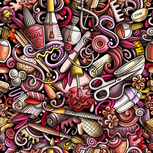 Manicure hand drawn doodles seamless pattern. Nails art background