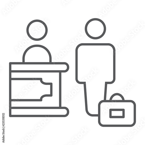 Check-in thin line icon, hotel and service, reception sign, vector graphics, a linear pattern on a white background.