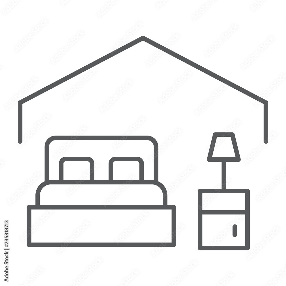 Bedroom thin line icon, hotel and sleep, bed sign, vector graphics, a linear pattern on a white background.