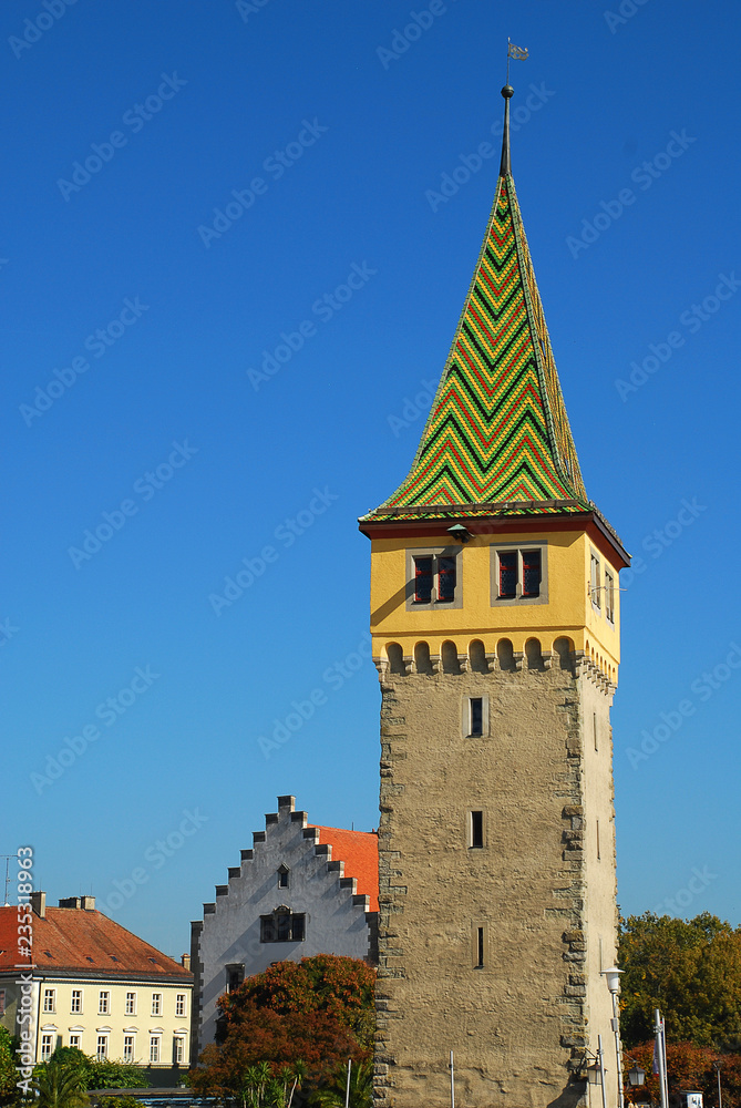 Harbour of Lindau, Lake Constance (German: Bodensee): The top of the tower Mangturm.