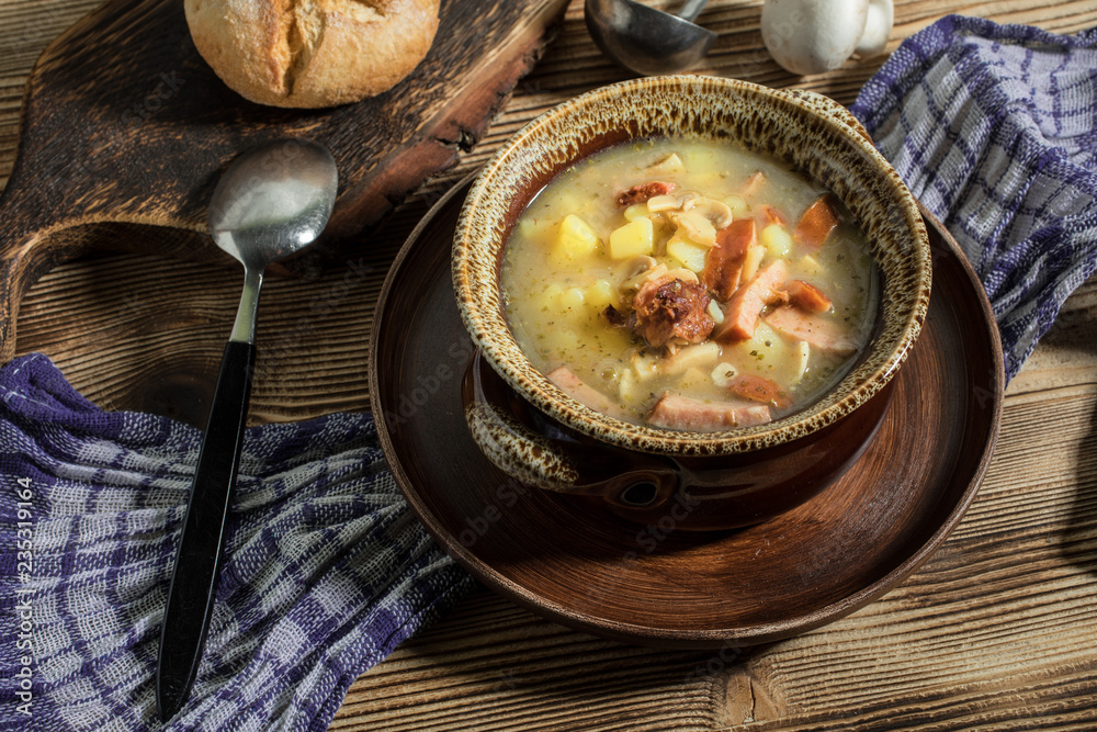 The sour soup made of rye flour. The sour soup made of rye flour.