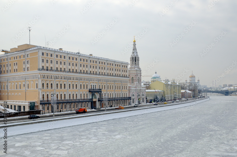 Winter view of the Sofiyskaya embankment from the Big Moskvoretsky bridge, Moscow, Russia