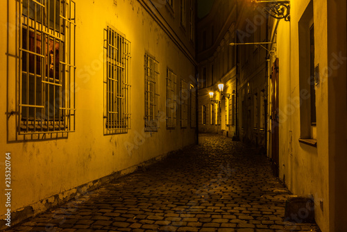 Old cobbled streets and buildings of Prague Old Town at night in Autumn - 2