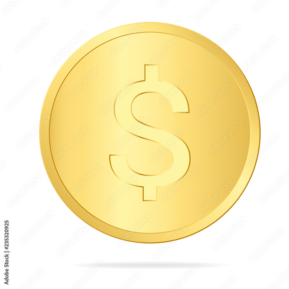 Realistic illustration of a gold coin with a dollar sign, isolated on white background