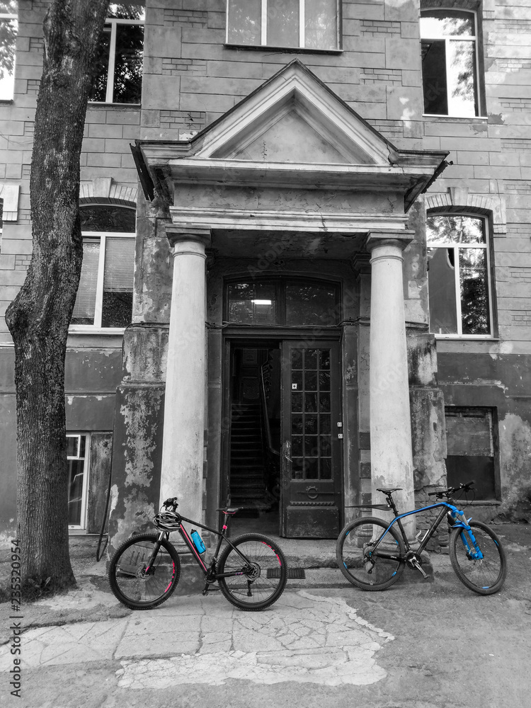 Bicycles in front of the old building Bicycles in front of the old building
