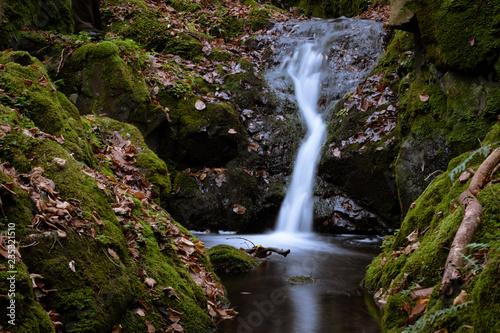 Small hidden waterfall on a hike through a forest  wonderful autumn scene with moss  small stream and blurred water flowing from the rocks. Quiet  clean and serene scenery.