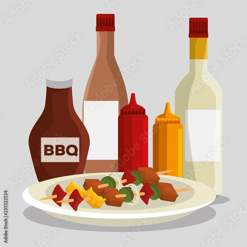 sausages with meat food and bbq with sauces