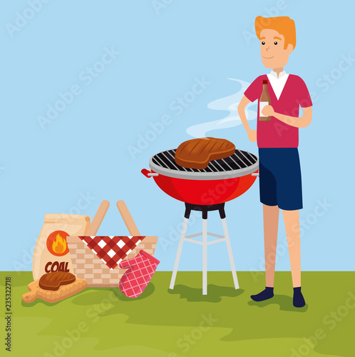 man with meat food grill and hamper