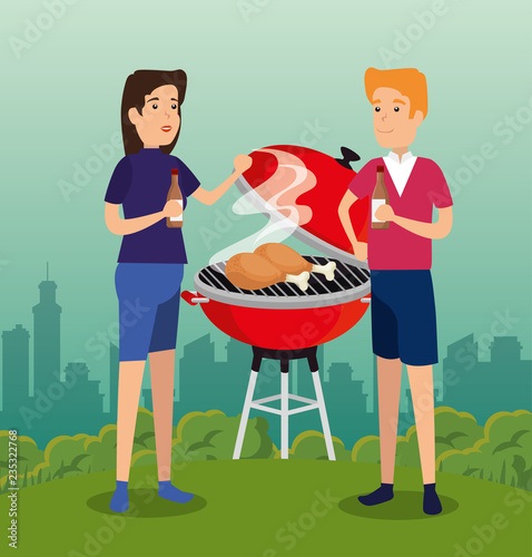 woman and man with grill thighs and bbq sauce
