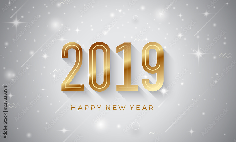 Happy New Year 2019. Creative vector greeting illustration with golden number.