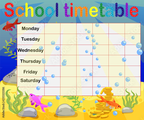 School timetable with marine themes, table, underwater world