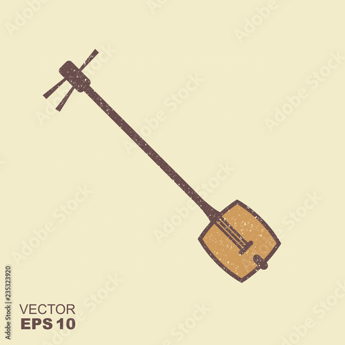 Japanese string music instrument. Shamisen icon with scuffed effect in a separate layer