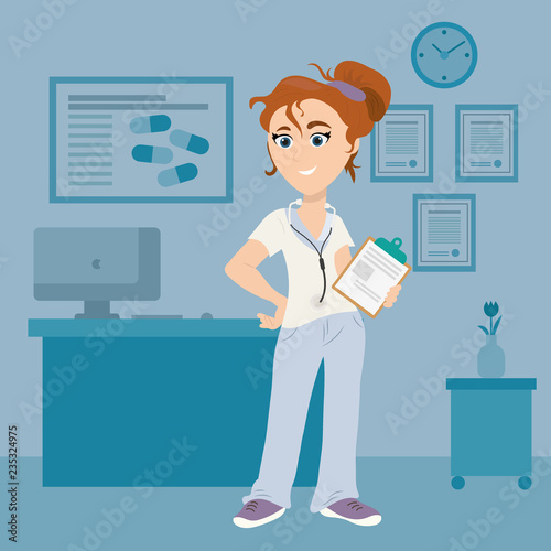 Female doctor with clipboard in medical room
