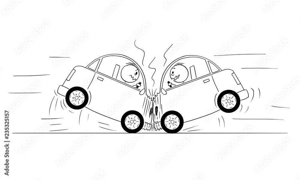 Cartoon stick drawing conceptual illustration of two cars frontal head-on crash accident. - obrazy, fototapety, plakaty 