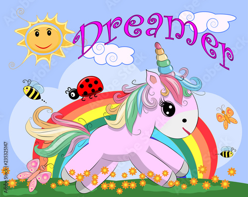 Pink unicorn on a meadow with flowers, rainbow, sun. Child illustration, fairy-tale character, dreamer