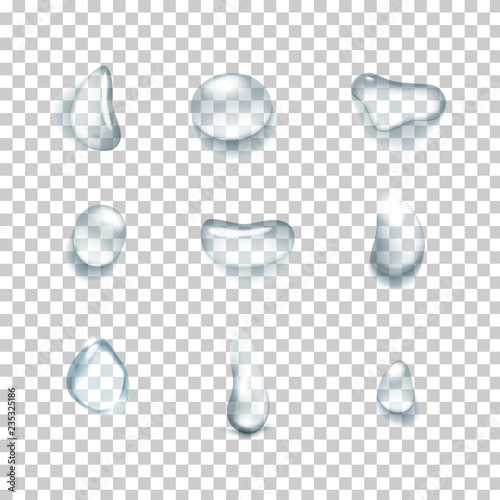 Drops of water on a transparent background. Vector illustration.