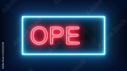 We're Open Neon Sign Background Seamless Looping/ 4k animation of a neon open sign blinking for night storefront, restaurant, motel and night business photo