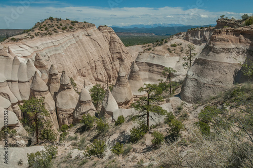 View looking down into a canyon with pines and stone capped hoodoos and a distant view of the valley and snow-capped mountains beyond.