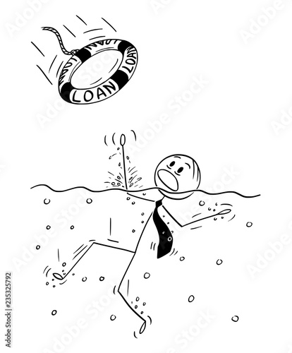 Cartoon stick man drawing conceptual illustration of businessman drowning in water, someone just throw him lifebuoy. Business concept of company drowning in depths and rescued by loan.