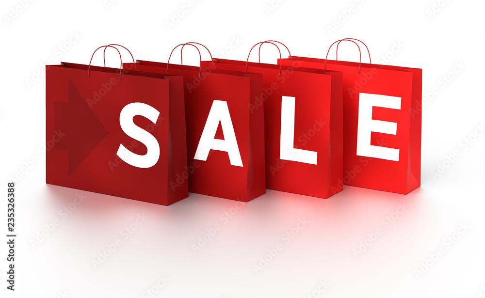 3D illustration of 4 shopping bags making word - SALE - isolated on white background. Clipping path included. Deeep red color. 3D illustration of 4 shopping bags making word - SALE - isolated on white background. Clipping path included. Deeep red color.