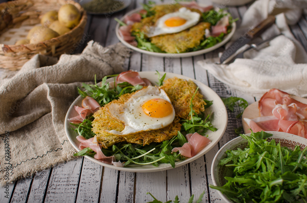 Potato pancakes with eggs and ham Potato pancakes with eggs and ham