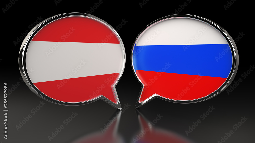 Fototapeta premium Austria and Russia flags with Speech Bubbles. 3D illustration