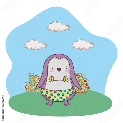 cute little penguin with swimsuit in the camp