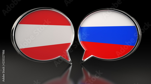 Austria and Russia flags with Speech Bubbles. 3D illustration