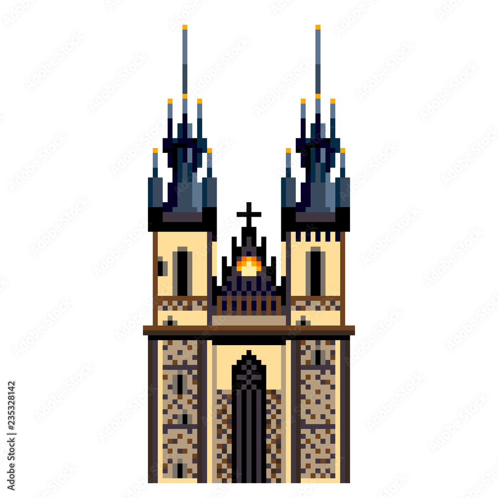 Pixel Prague Tyn Church city symbol detailed illustration isolated vector